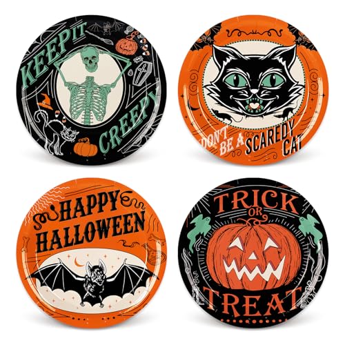 Whaline Halloween Paper Plates Vintage Orange Black Disposable Di...