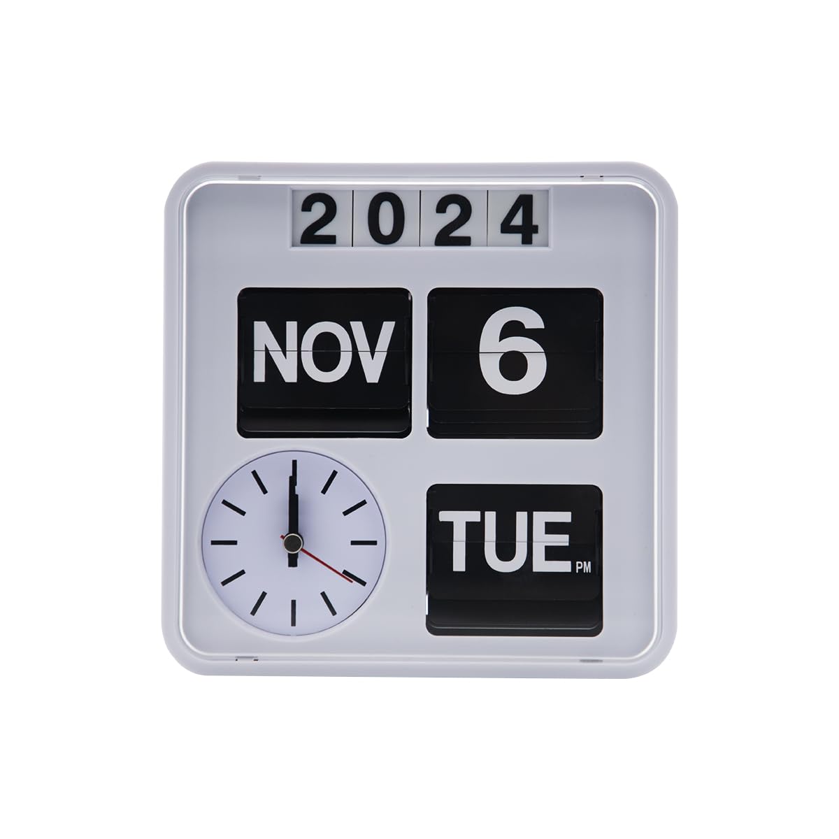 OUSEITECH Retro Modern Flip Desk Wall Clock, 7.08 inch Square Calendar with Year Month Date Day Week Display Dual Use Home Office Decor No Battery Included (18cm white)