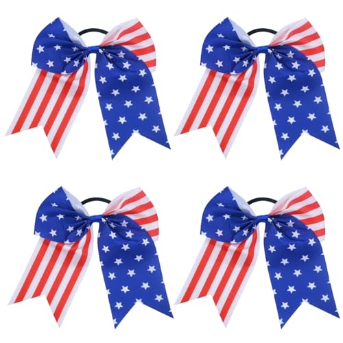 4th of July Large Cheer Hair Bows 8" Patriotic Flag Festival Cheerleading Bow with Ponytail Holder Elastic Band Hair Accessories 4PCS Cheer Bows