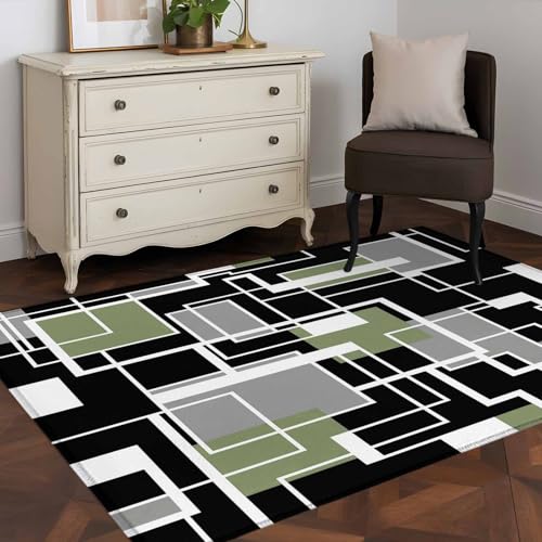 3x5 Machine Washable Small Bedside Rug, Sage Green Black Geometric
