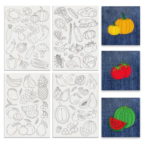 BENECREAT 4 Sheets 69Pcs Vegetable Fruit Water Soluble Embroidery Patterns, 11.7x8.3Inch Stick and Stitch Embroidery Paper Stabilizer for Hand Sewing Lover Beginners