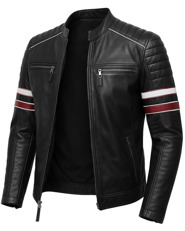 Decrum Leather Jacket Men - Real Lambskin Cafe Racer Style Casual Leather Jackets For Mens