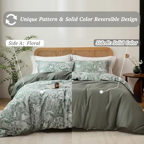 MILDLY King Size Duvet Cover Set 100% Long-Staple Cotton Luxury Green Floral Patten Reversible Comforter Cover Set 3Pcs