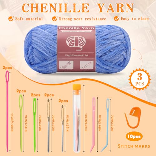 Image of LUNARM Chenille Yarn 3 Pack 3.5oz Chunky Blanket Velvet Yarn 263 Yard | Sky Blue Chunky Chenille Yarn for Beginners Crocheting Hand Knitting Scarves with Big Eye Needles Machine Washable