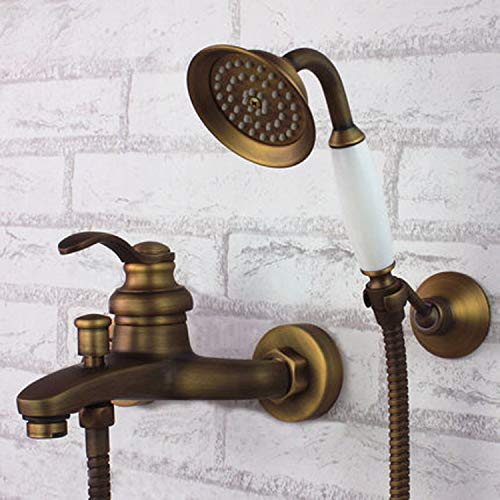 Cheapest 🛒 Wall Mount Tub Filler with Hand Shower Combo Set Antique Brass Finish Ceramic Valve Single Handle Three Holes