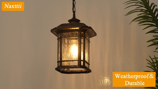 Image of Waterproof Outdoor Hanging Lantern Light 13.8 Inch Large Outdoor Pendant Light with Adjustable Chain Dusk to Dawn Aluminum Hanging Porch Light with Water Ripple Glass E26 Socket