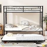 Shintenchi Twin Over Twins Size Bunk Bed with Trundle, Heavy-Duty Metal Frame, 2 Ladders & Full-Length Guardrail, Space-Saving Sleep Solution for Kids/Teens/Adults, Black