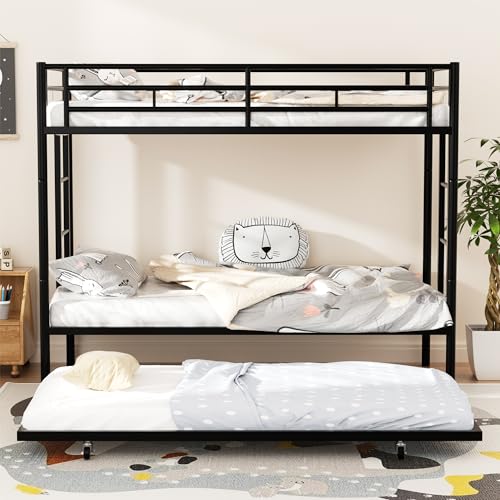 Shintenchi Twin Over Twins Size Bunk Bed with Trundle, Heavy-Duty Metal Frame, 2 Ladders & Full-Length Guardrail, Space-Saving Sleep Solution for Kids/Teens/Adults, Black