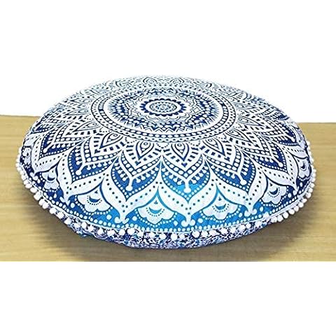 32" Mandala Large Floor Pillow Cover Meditation Cushion Seating Throw Hippie Round Colourful Decorative Bohemian Accent Boho Chic dog bed Indian Pouf Ottoman Handmade COVER ONLY (Ombre-Blue) Cover