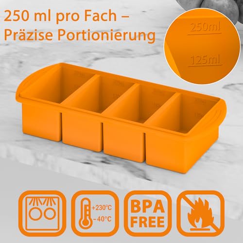QUELIEN Oranges Silikon-Gefriertablett mit Deckel – 250-ml-Portionsform für Suppe, Brühe, Soßen & Reste – stapelbar, wiederverwendbar… – Ansicht 6