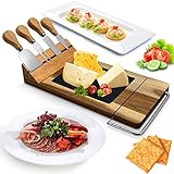 Nutrichef Slicing Bamboo Cheese Board Platter-4 Stainless Steel Knives and Magnet Holder-Modern Wood Snack Serving Tray w/Stone Slate Slab, Slicer Blade for Cutting Food, Fruit, Meat