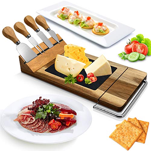 Nutrichef PKCZBD50 Slicing Bamboo Cheese Board Platter-4 Stainless Steel Knives and Magnet Holder-Modern
