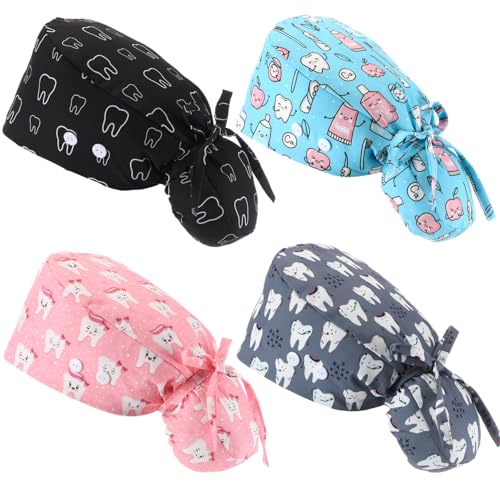 Image of Unittype 4 Pcs Nurse Caps for Women Nursing Working Caps with Button and Sweatband Adjustable Elastic Scrub Hats for Dentist
