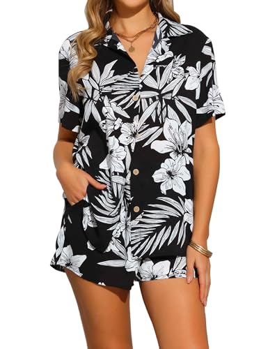 Allegra K Hawaiian Outfits 2 Piece Sets for Women's Tropical Floral Button Down Shirt and Shorts Casual Beachwear Sets
