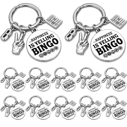 Nosiny 12 Pcs Bingo Lover Gift Stainless Steel Keychain Bulk Game Player Lovers Gifts Digital Game Keychain for Gambler (Happiness)