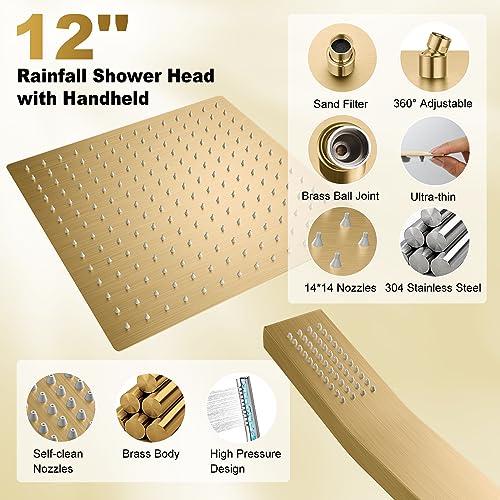 Shower System, 12 Inch High Pressure Shower Head with Rain Handheld Combo Set, Wall Mounted Dual Shower Head System, Bathroom Shower Faucet Set Rough-in Valve Body and Trim Brushed Gold - Image 3