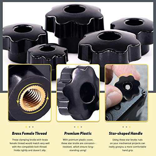 Mardatt Thru Hole Star Knobs Nuts Assortment Black Plastic Handle Clamping Knobs Brass Female Thread (Assorted Sizes X 32Pcs) #TOP3