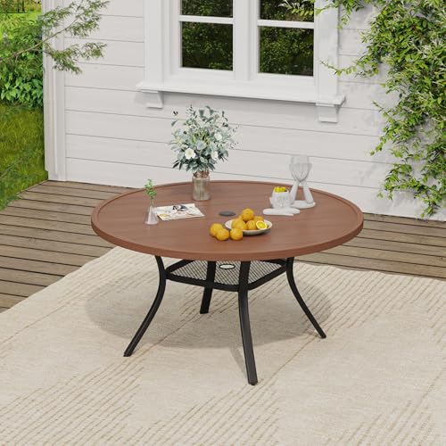 Image of VICLLAX 47.2 inch Round Patio Table, Outdoor Dining Table for 6 with Umbrella Hole for Garden Lawn Deck Backyard, Walnut