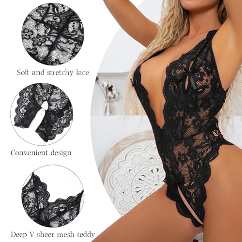 Body Dessous Damen Spitze Body Babydoll Teddy Bodysuit Mesh Spitze Unterwäsche Teddy Babydolls Dessous Overall Lingerie One Piece Lingerie Negligee Verstellbar V-Ausschnitt Reizwäsche – Bild 2