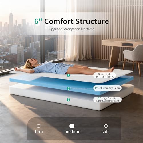 Image of FDW 6 Inch Twin Mattress, Medium Firm Gel Memory Foam, Cooling Ventilated Foam, Pressure Relief, White, Removable Washable Cover, Bed in a Box, CertiPUR‑US Certified