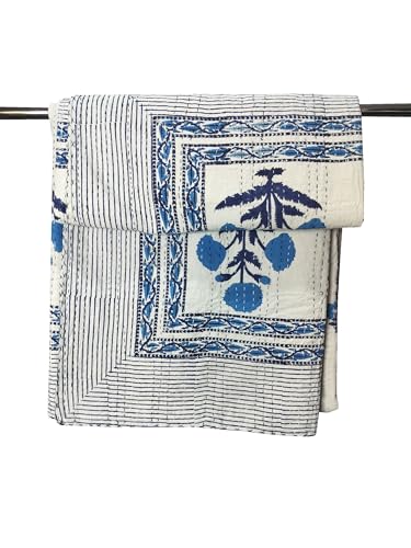 Generic kanthaNtapestryart Indian Hand Block Print Kantha Quilt Cotton Kantha Throw Blanket Indian Bedspread Kantha Bed Cover Quilt Sofa Throw Bedspread Blanket (King/Queen Size 90x108 Inch), Blue
