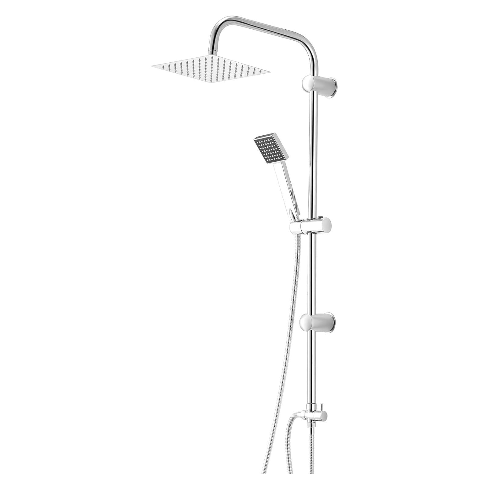 Handheld Showers 8" Square Overhead Adjustable Rainfall Shower Taps and Hose Chrome Plated Kit Shower Set Stainless Steel Shower Bar Set (Square) โ image 1