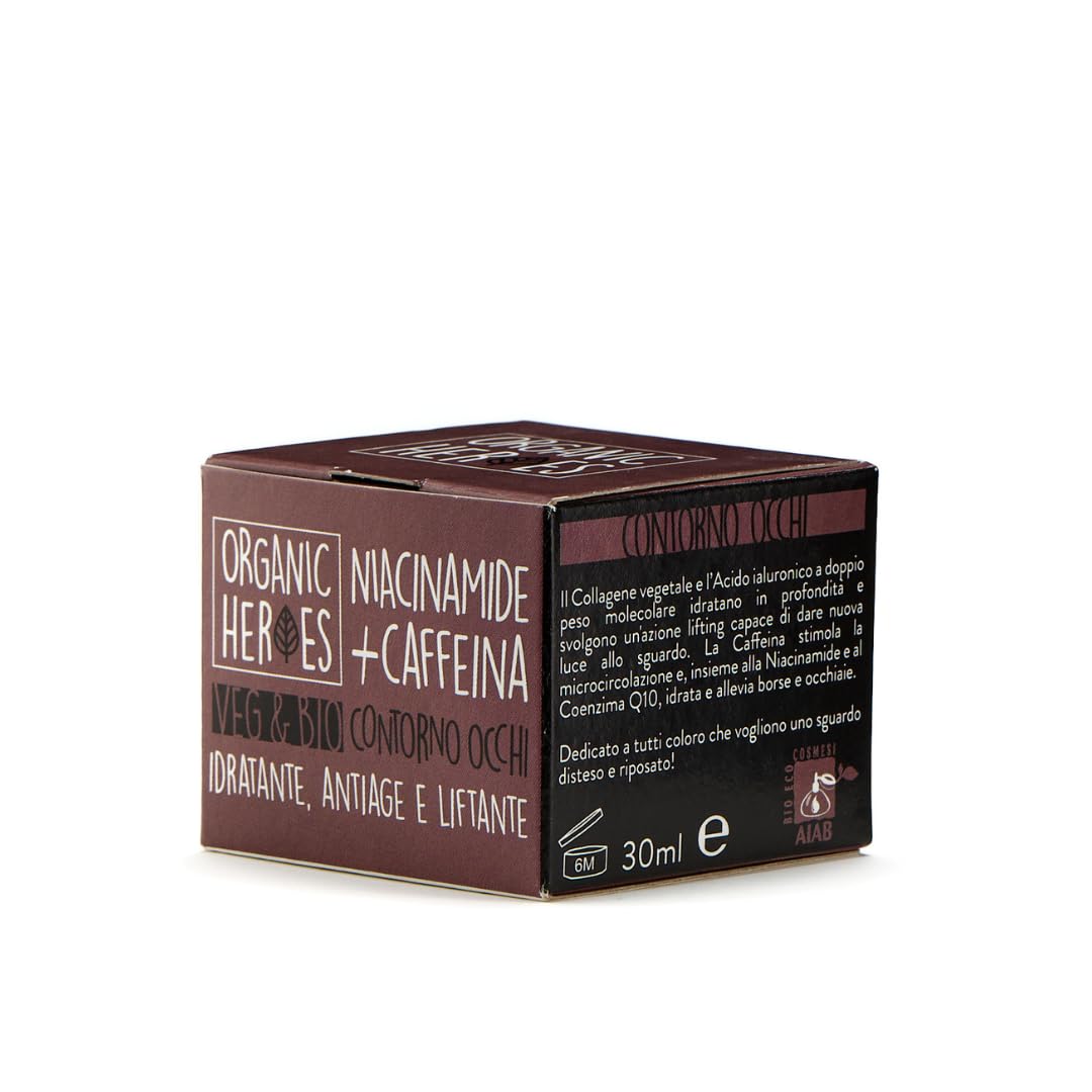 Organic Heroes | Contorno occhi antirughe Caffeina e Niacinamide Bio, Azione su borse e occhiaie, Contiene Caffeina naturale, Allevia borse e stanchezza, Contiene gelsomino, Azione antiage, 30ml