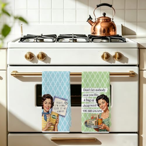 Image of 2 Pcs Funny Housewives Kitchen Towels, Housewarming Gifts Dish Towels | Humorous Pattern Hand Towel Kitchen Decor, Waffle Weave Microfiber Cleaning Cloth Wash Cloths Tea Towel 14 x 24 Inch Set of 2