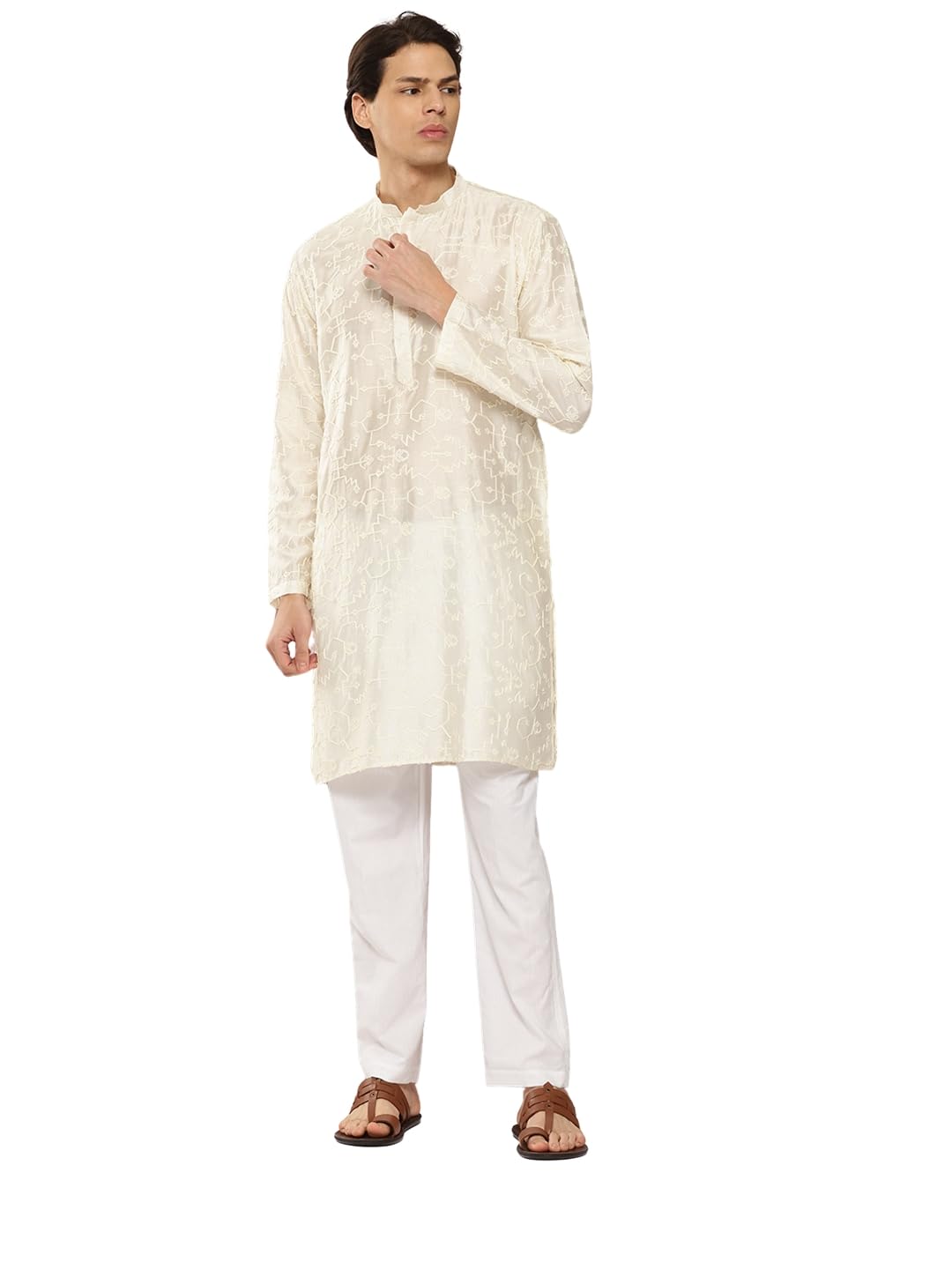 See Designs Men’s Long Sleeve Mandarin Collar Lime Embroidered Sequined Rayon Kurta With Pyjama