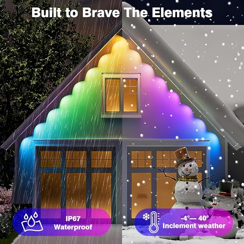 Image of 247FT WiFi Compatible Outdoor Lights, Permanent RGB 90LEDs IP67 Waterproof, App and Remote Control Color Changing Eave Lights for Holiday, Christmas, Party, Garden Decor