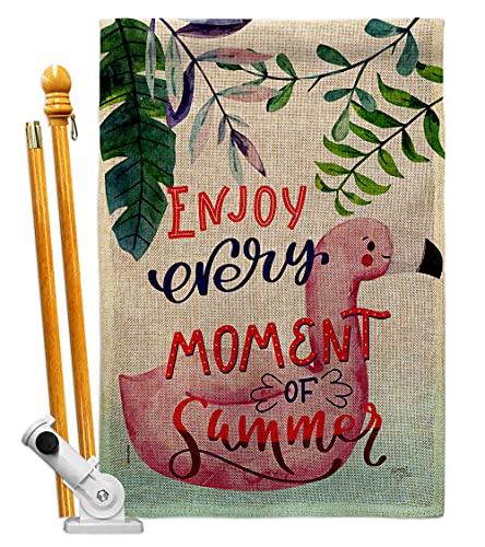 Breeze Decor Enjoy Every Moment Burlap House Flag Set Summer Fun in The Sun Beach Pool Luau Tropical Party Season Outdoor Summertime Sunny Banner Small Garden Yard Gift Double-Sided, Made in USA