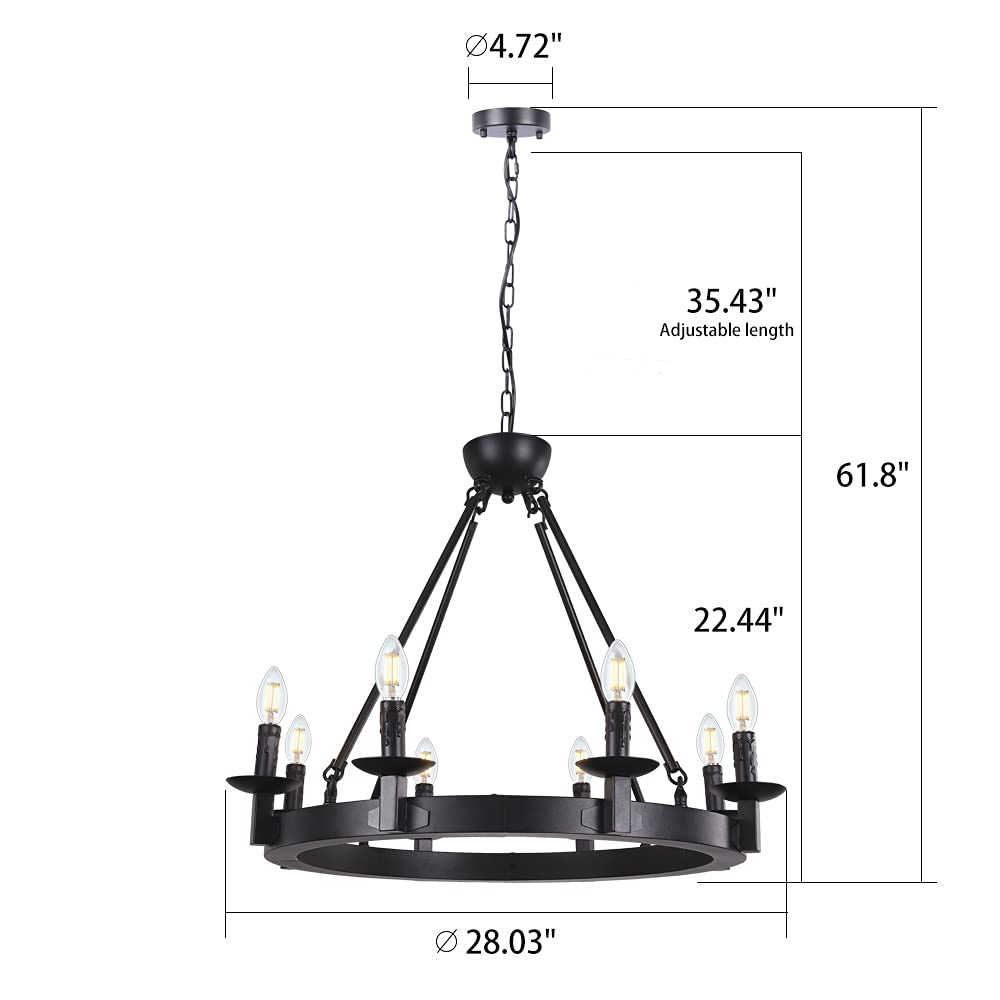 Wellmet Black Farmhouse Chandeliers Wagon Wheel, Industrial 8 Lights Iron Lighting Candle Style 28", Rustic Hanging Ceiling Light Fixture Dining Room Kitchen Island Bedroom Living Room Foyer Hallway