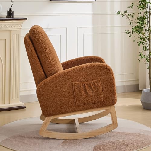 Image of Rocking Chair Nursery, Glider Rocking Accent Chair with Wood Legs, High Back Pocket Modern Upholstered Nursery Chair, Comfy Accent Rocker Armchair for Living Room Bedroom, Sherpa Caramel