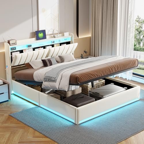 Cama de 140 x 200 cm con espacio de almacenamiento, cama acolchada hidráulica con cajón y somier, cabecero LED con espacio de almacenamiento y estación de carga USB, cama doble de almacenamiento
