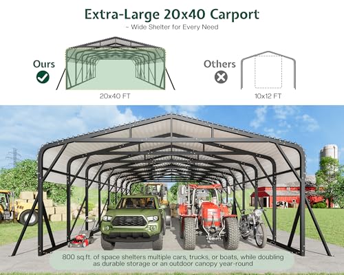 Image of Jocisland 20x40 FT Heavy Duty Metal Carport for Multiple Vehicles, All-Weather Car Canopy with Galvanized Steel Roof & Reinforced Base, Car Port for Bass Boats, Full-Sized Pickups and Tractors