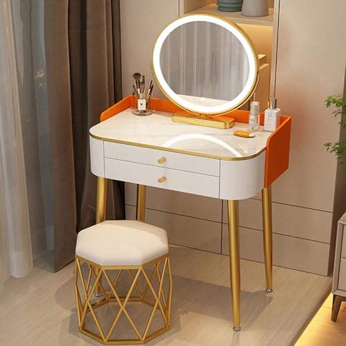 Mesa de tocador con espejo y luces, pequeño escritorio de maquillaje para mujer, consola de tocador de 2 cajones, brillo ajustable de 3 niveles, estación de maquillaje perfecta para dormitorio de