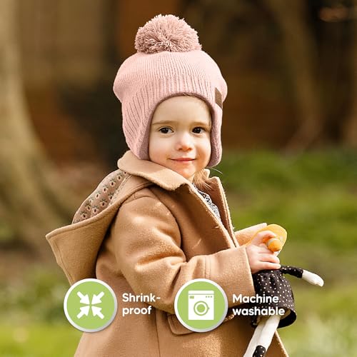 Image of Baby Beanie Winter Hat 6-36 Months - Cute Pom Winter Baby Hats with Earflaps, Soft & Stretchy Knit Toddler Beanies for Infant, Newborn 6-36 Months Boys, Girls, Cozy, Warm Fall Essentials (Blush, M)