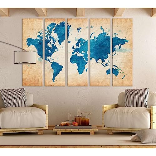 Impression sur toile Blue World Map №703 grand format 140x90 cm prête à accrocher