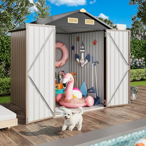 Image of IRONCK 5.7x5.7FT Outdoor Storage Shed, Tool Shed, Brown | Breathable Vent, Lockable Doors, Galvanized Steel, Metal Garden Storage, Outdoor Shed, for Backyard, Poolside, Patio