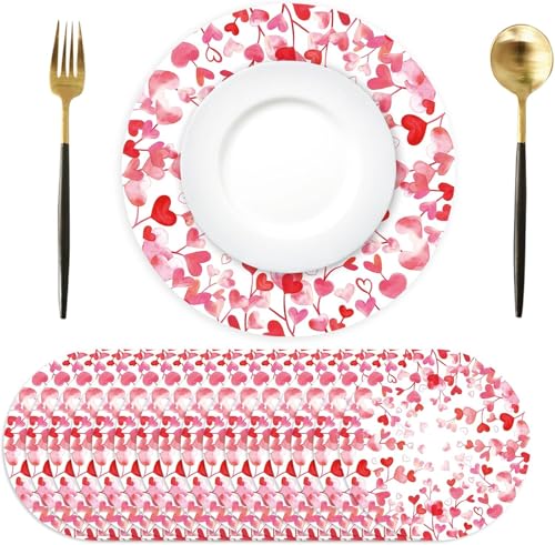 Lot de 50 Sets de Table en Papier Rond, Sets de Table Papier Feuilles en Coeur Rose, Ø 34 cm, décoration pour Saint Valentin, Anniversaire, Mariage, fête