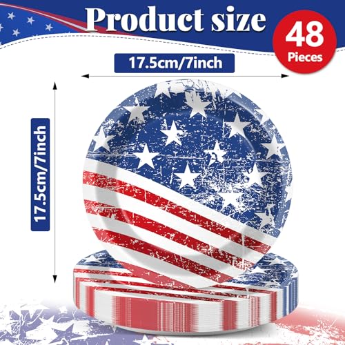 Image of Qyeahkj 48 Pcs 4th of July Party Plates Independence Day Disposable Paper Dessert Plates Supplies for American Flag Party Plates Dessert Plates Tableware Decorations