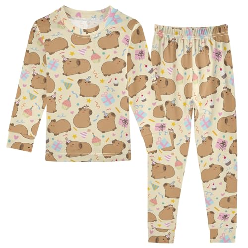 Cute Capybara Birthday Party Pattern Cute Pajama Sets Long Sleeve Top and Pants, Snug Fit Sleepwear for Night Wears
