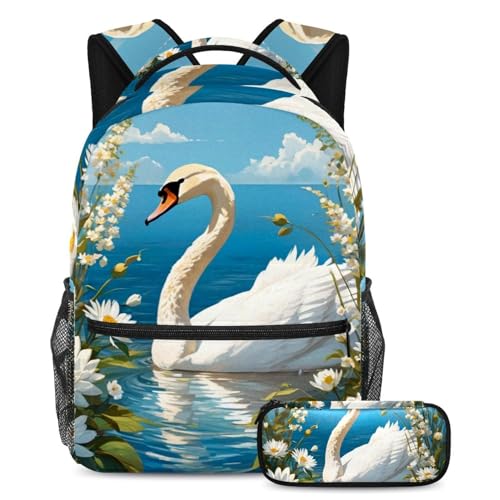Sac à dos cygne et fleur avec trousse pour ranger facilement les grands cahiers A4