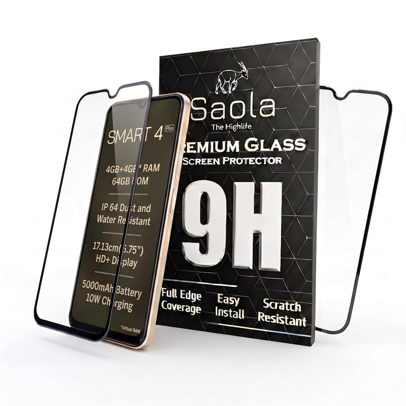 Image of Saola HD+ Oleophobic Tempered Glass For Lava Smart 4 Plus (Pack Of 2) with Hassle-less Installation Kit. Full screen Coverage. 6.75 inch