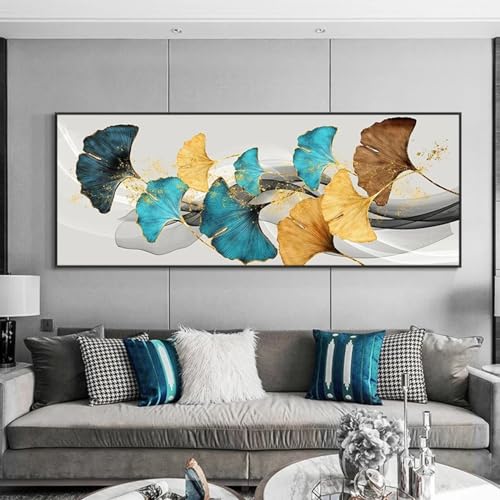 Peinture ginkgo Rumlly jaune et bleu sur toile 25x75cm non encadrée pour salon