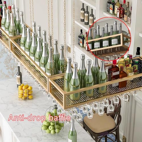 Porte-bouteilles mural doré 60cm avec étagère à verres suspendue