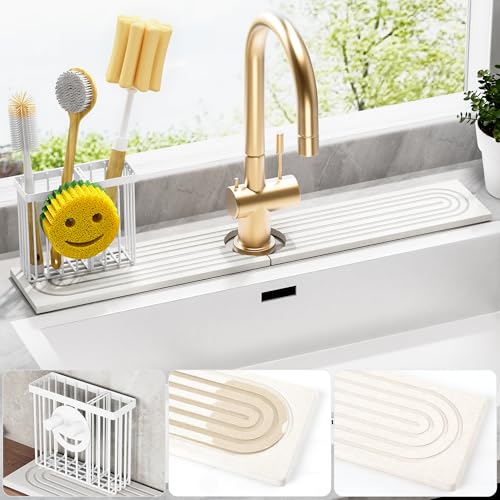 Cisily White Diatomite Faucet Mat for Kitchen Sink Protectors with Dish Brush Holder-Absorbent Drying Counter Stone Water Splash Guard Area