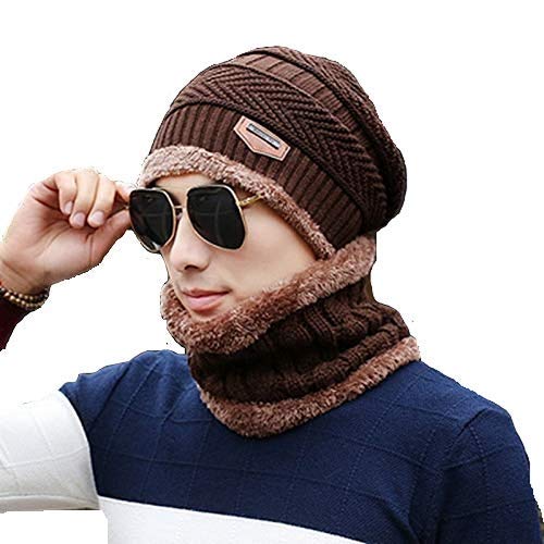 TruFlair Snow Proof Inside Fur Wool Unisex Beanie Cap with Neck Warmer Set Knit Hat Thick Fleece Lined Winter Hat for Men & Women Brown(Tru-Cap-036)