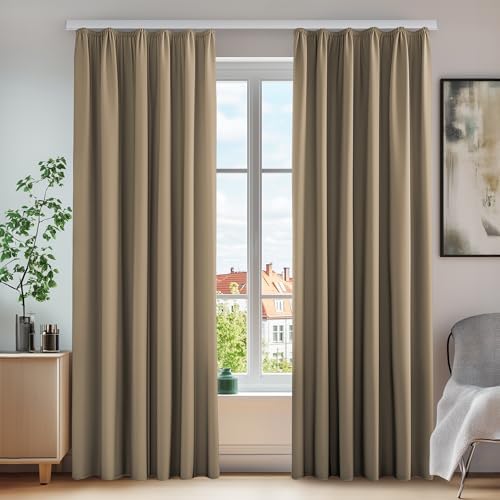 Deconovo Verdunkelungsgardinen Vorhang mit Kräuselband Schienensystem Taupe | 2er Set, H 260 x B 140 cm, Thermogardine Wärmeisolierend, für Wohnzimmer, Sichtschutz, Lärmschutz, Wär