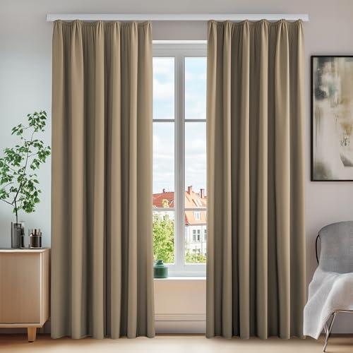 Deconovo Lot de 2 Rideaux occultants, Protection Contre Le Froid, avec Galon fronceur, Opaques, pour Salon, Chambre à Coucher, Chambre d'enfant 140x260cm Taupe